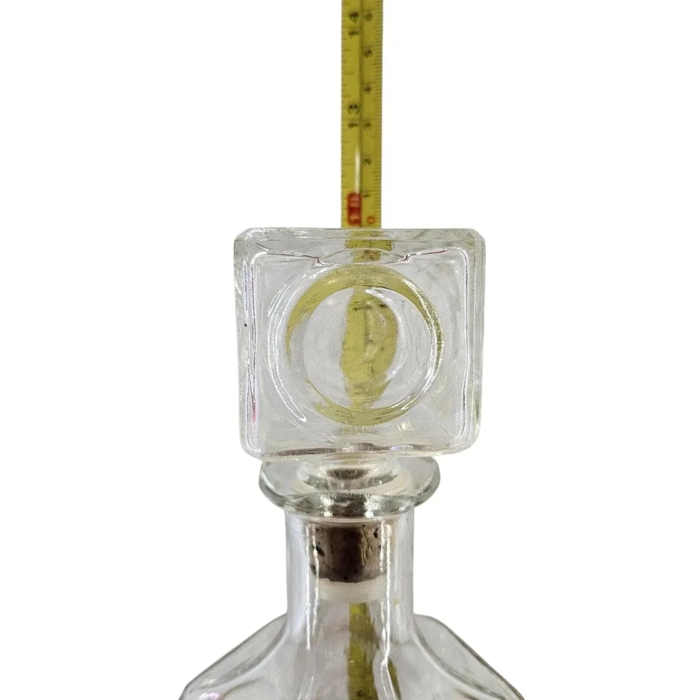 Glass Decanter Square‎ Stopper Textured Circles Clear Iridescent Barware Vtg